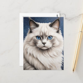 Cartão Postal Elegante Ragdoll Gato Retrato Trabalho de arte Azu