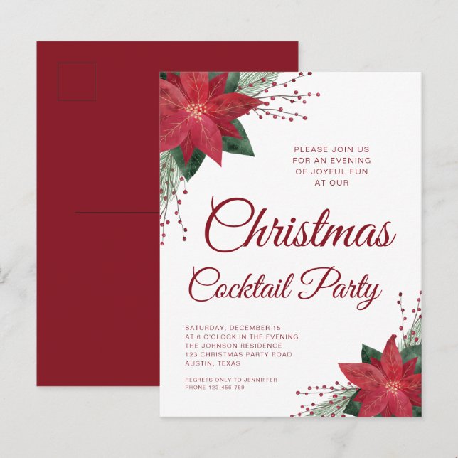 Cartão Postal Elegante Red Poinsettia Christmas Cocktail Party (Frente/Verso)