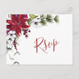 Cartão Postal Elegante Red Poinsettia Wedding Watercolor RSVP