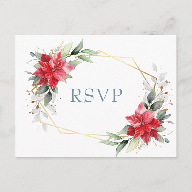 Cartão Postal Elegante Red Poinsettia Winter Greenery RSVP (Frente)