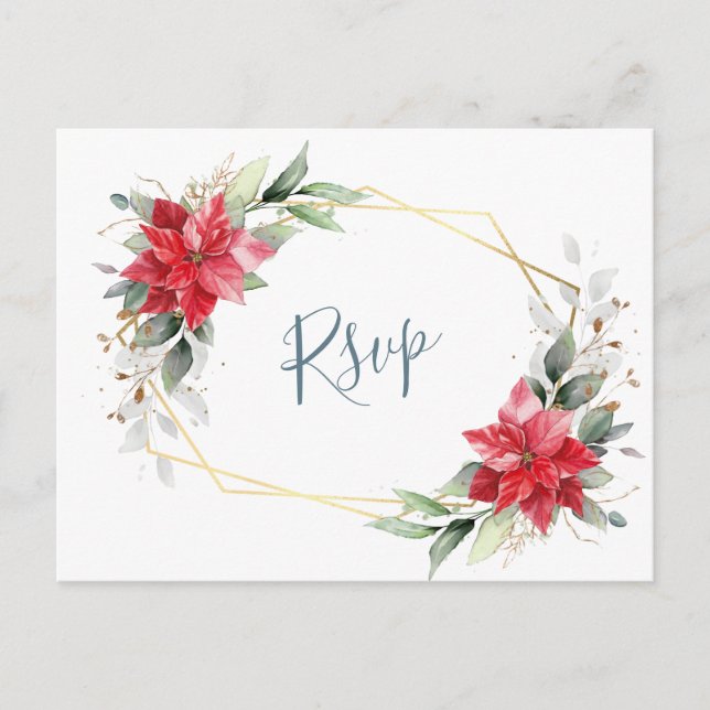 Cartão Postal Elegante Red Poinsettia Winter Greenery RSVP (Frente)