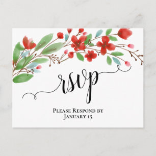 Cartão Postal Elegante Red Watercolor Blossoms Wedding RSVP