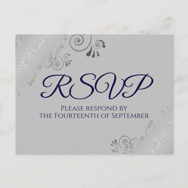 Cartão Postal Elegante Renda Prateada em Azul Naval sobre Cinza  (Frente)