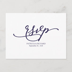 Cartão Postal Elegante Resposta de Casamento em Caligrafia Azul-