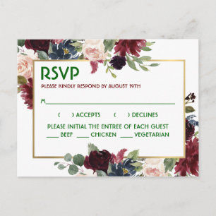 Cartão Postal Elegante Resposta de Casamento Floral Burgundy Nav