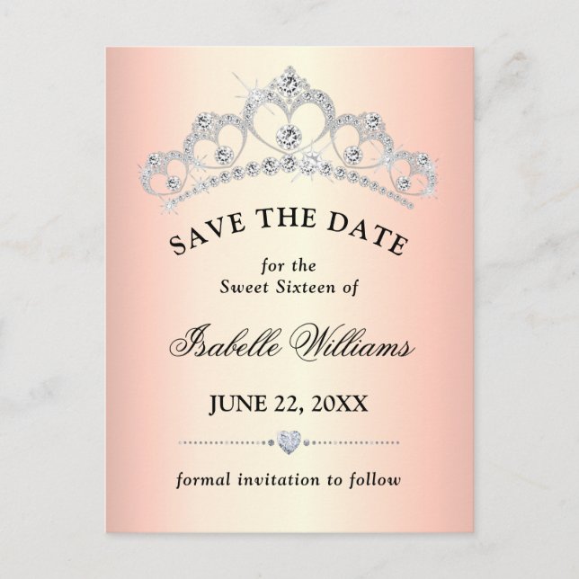 Cartão Postal Elegante Rosa Dourado Sweet 16 Save The Date (Frente)
