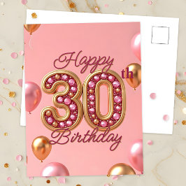 Cartão Postal Elegante Rosa e Dourado Aniversário de 30 Anos Mar