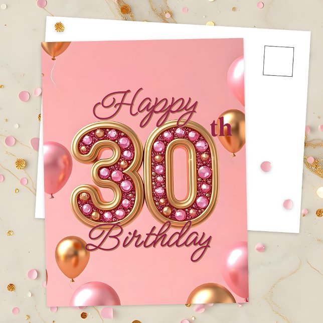 Cartão Postal Elegante Rosa e Dourado Aniversário de 30 Anos Mar (Criador carregado)