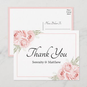Cartão Postal Elegante Rosa Floral Casamento Obrigado