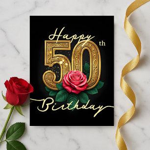 Cartão Postal Elegante Rosa Florescer e Luxuoso Dourado 50º Aniv