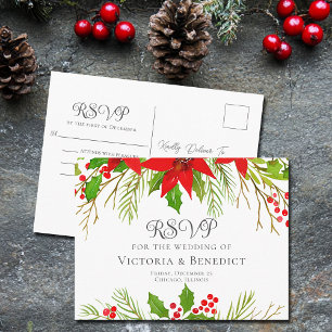 Cartão Postal Elegante RSVP de Casamento de Natal Floral Vermelh