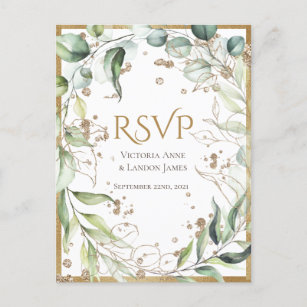 Cartão Postal Elegante Rustic Greenery Dourado Casamento Glitter