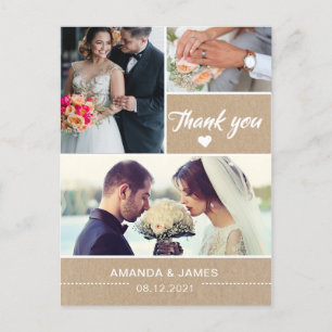 Cartão Postal Elegante Rustic Kraft    Foto De Casamento Obrigad