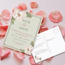 Cartão Postal Elegante Sage & Blush Peony Floral Salvar a Data