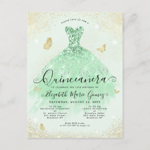 Cartão Postal Elegante Sage Glitter Dourado Verde Quinceanera