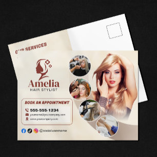 Cartão Postal Elegante Salão de Beleza Biege Estilista de Cabelo