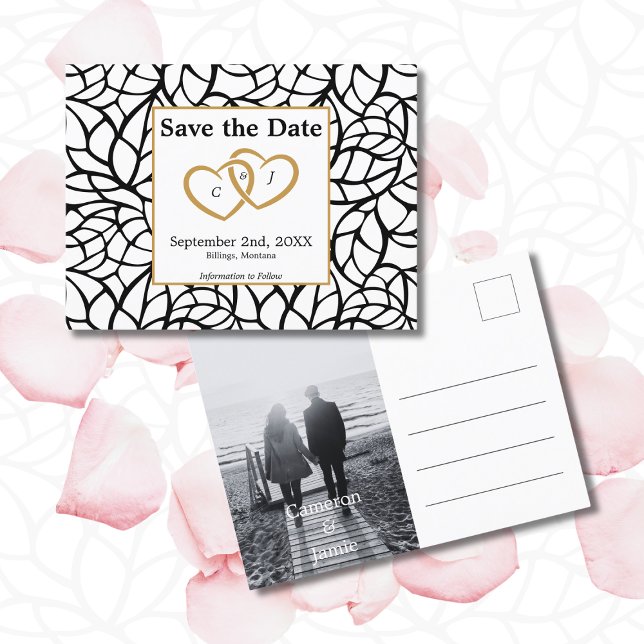 Cartão Postal Elegante Salve a Data Tema de Casamento Preto e Br (Elegant Save the Date Black & White Wedding Theme Postcard)