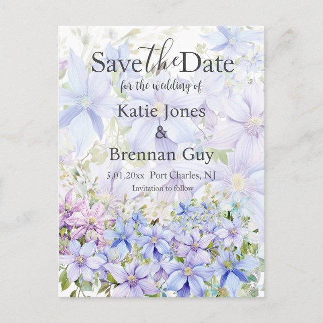 Cartão Postal Elegante Save the Date de Casamento com Clematite  (Frente)