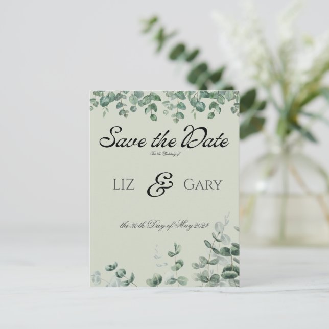 Cartão Postal Elegante Save the Date de Casamento com Verde de E (Em pé/Frente)