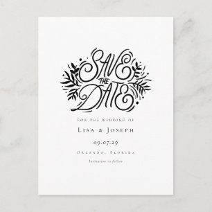 Cartão Postal Elegante Save the Date em Caligrafia Preta e Branc
