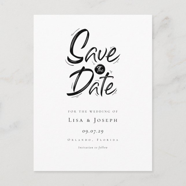 Cartão Postal Elegante Save the Date Gravado Preto e Branco (Frente)