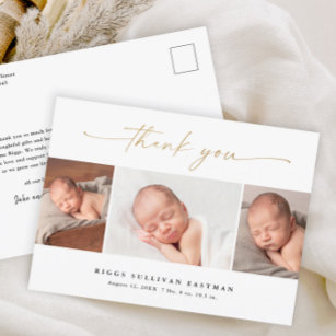 Cartão Postal Elegante Script 3 Photo Collage Baby Obrigado
