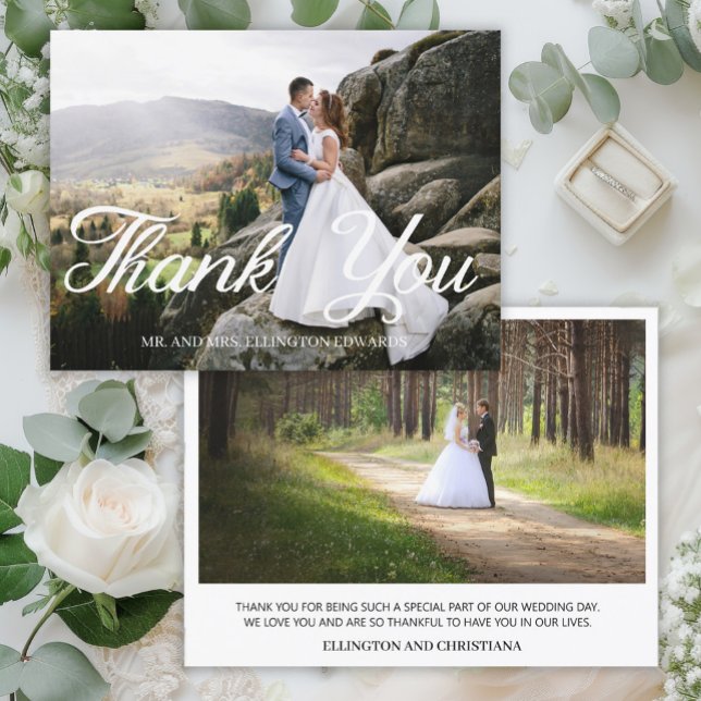Cartão Postal Elegante Script de Casamento Obrigado 2 Foto (Elegant calligraphy script, 2-photo wedding "Thank you" card)