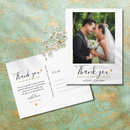 Cartão Postal Elegante Script Dourado Heart Wedding Foto Obrigad