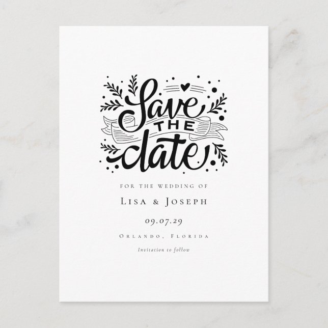 Cartão Postal Elegante Script Preto e Branco Save the Date (Frente)