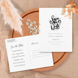 Cartão Postal Elegante Script Preto e Branco Save the Date