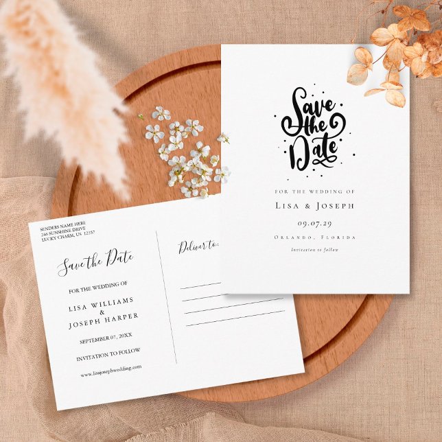 Cartão Postal Elegante Script Preto e Branco Save the Date (Criador carregado)