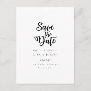 Cartão Postal Elegante Script Preto e Branco Save the Date