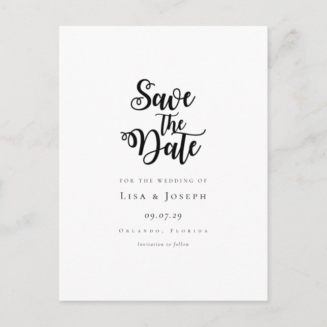 Cartão Postal Elegante Script Preto e Branco Save the Date (Frente)