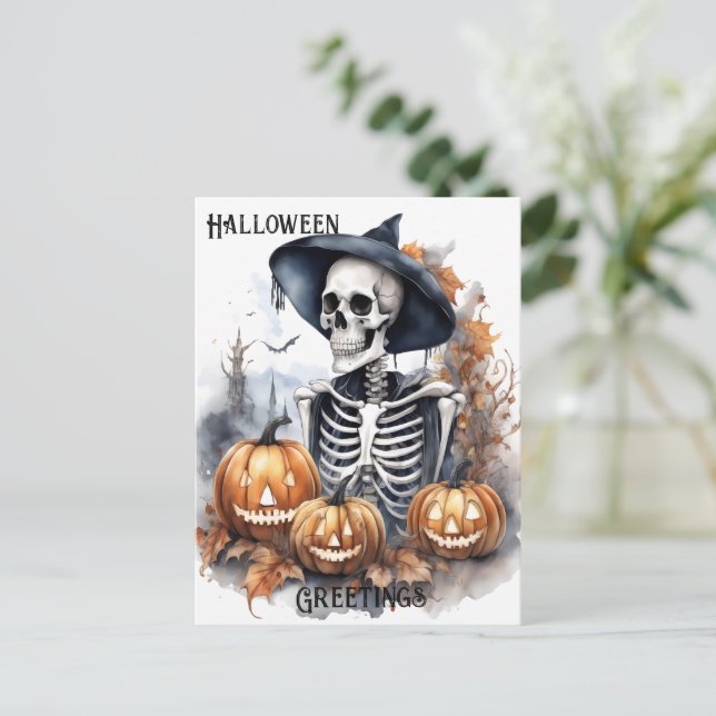 Cartão Postal Elegante Skeleton Halloween Watercolor (Em pé/Frente)