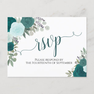 Cartão Postal Elegante Teal Watercolor Rosa Wedding RSVP