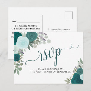 Cartão Postal Elegante Teal Watercolor Rosa Wedding RSVP