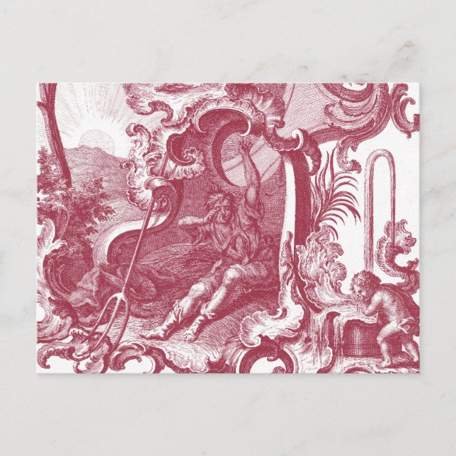 Cartão Postal Elegante Toile de Jouy Antiga Vermelha Estilo Fran (Frente)