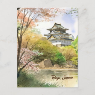Cartão Postal Elegante Tóquio, Japão Vintage Watercolor Viagem