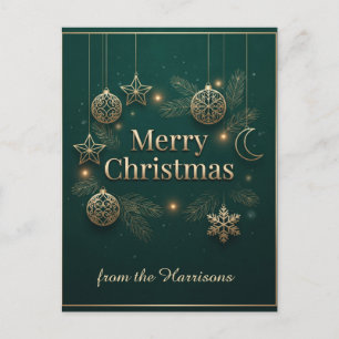 Cartão Postal Elegante Verde e Dourado Feliz Natal Feriado