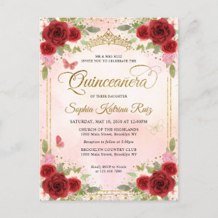 Cartão Postal Elegante Vermelho Rosa Dourado Tiara Quinceañera