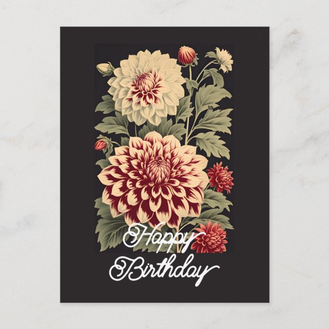 Cartão Postal Elegante Vintage Dahlia Flower Feliz Aniversário (Frente)