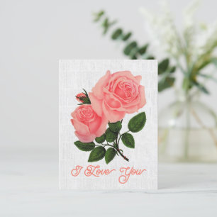 Cartão Postal Elegante Vintage La France Rosa Floral Eu Te Amo