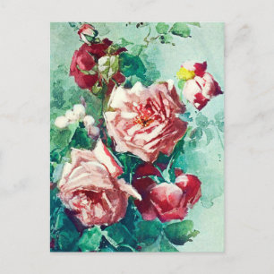 Cartão Postal Elegante Vintage Rosas Rosa-Rosa, Pintura Aquática