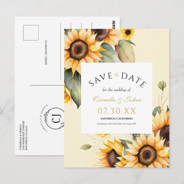 Cartão Postal Elegante Watercolor Sunflower Boho Salvar Data (Frente/Verso)