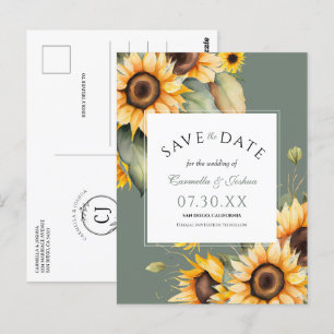 Cartão Postal Elegante Watercolor Sunflower Sage Salvar Data