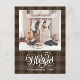 Cartão Postal Elegante White Script BLESSED Brown Buffalo Xadrez
