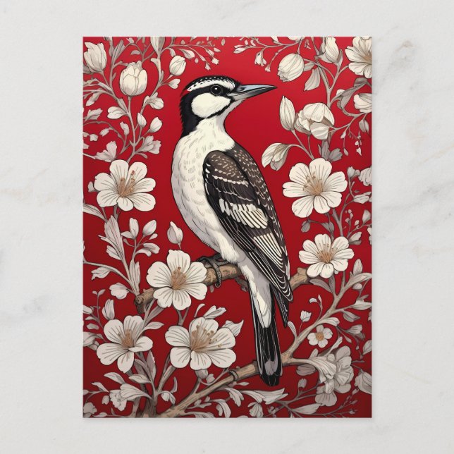 Cartão Postal Elegante Woodpecker Floral William Morris Inspirad (Frente)