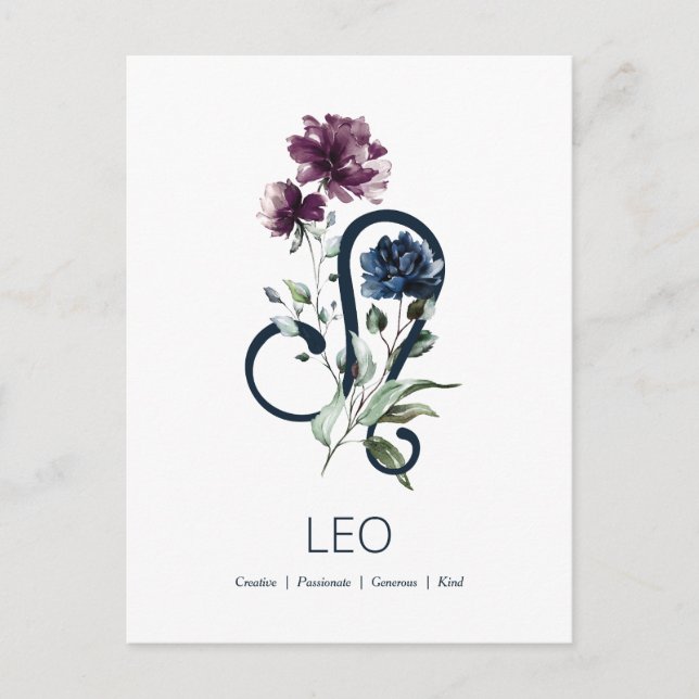 Cartão Postal Elegante Zódiaco Floral Signo Estelar Leão (Frente)
