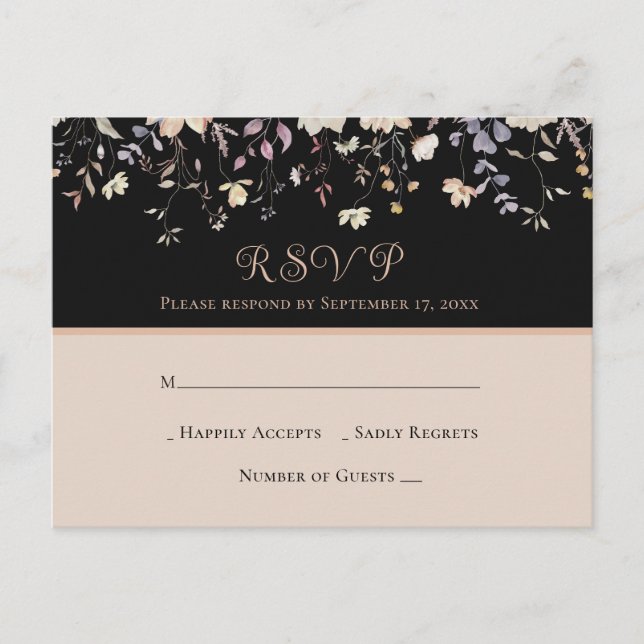 Cartão Postal Elegantes Flores Silvestres Pretas Boho RSVP de Ca (Frente)