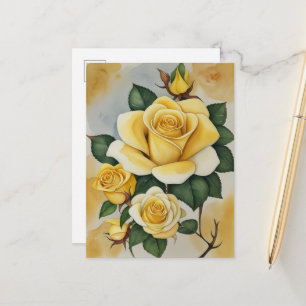 Cartão Postal Elegantes Rosas Amarelas em Aquarela